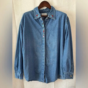 VTG Basic Edition Plus Denim Floral Embroidered Button Up Grannycore Size 20w